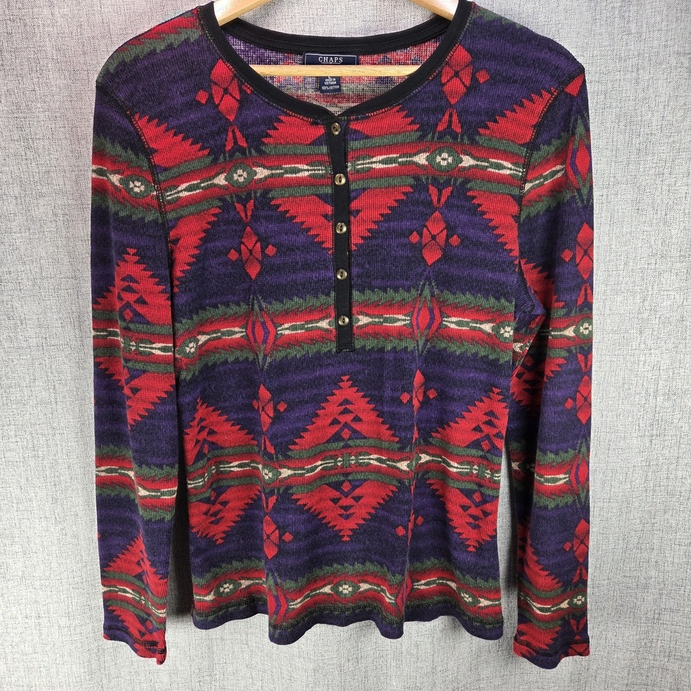 Chaps Denim Y2K Womens Southwestern LG Thermal Henley Waffle Knit Shirt Aztecs